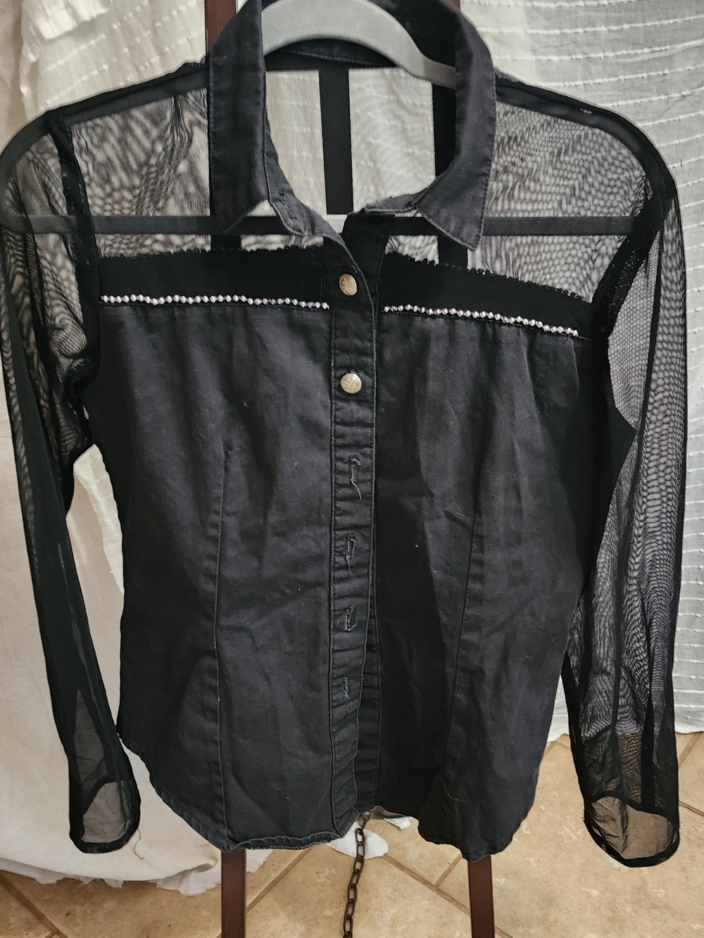 Vintage Roughrider Mesh Women’s Black Button-Front Shirt with Silver Buttons
